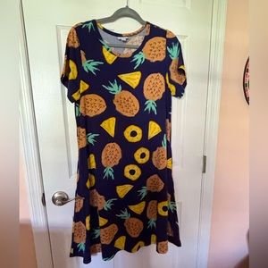 LuLaRoe Womens Sz Large Summer Dress Jessie Tropical Navy Blue Pineapples
